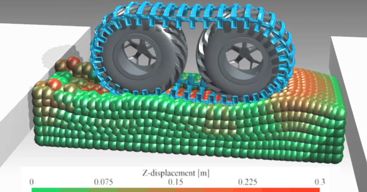 Tracked bogie on particle-based deformable terrain, coloured by vertical displacement
